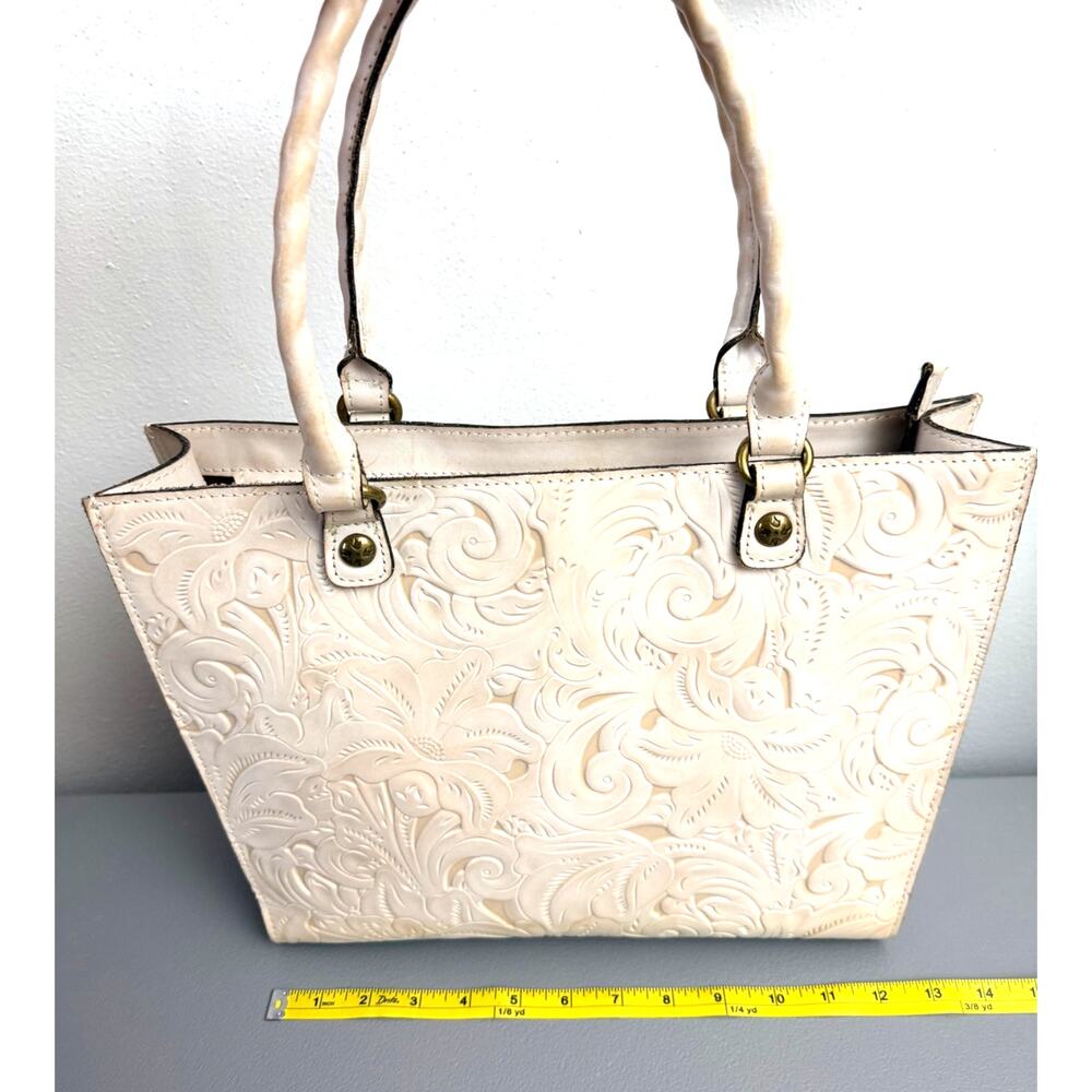 Patricia Nash Ivory Tooled Leather Tote Bag Floral Embossed Satchel Boho - Picture 2 of 9
